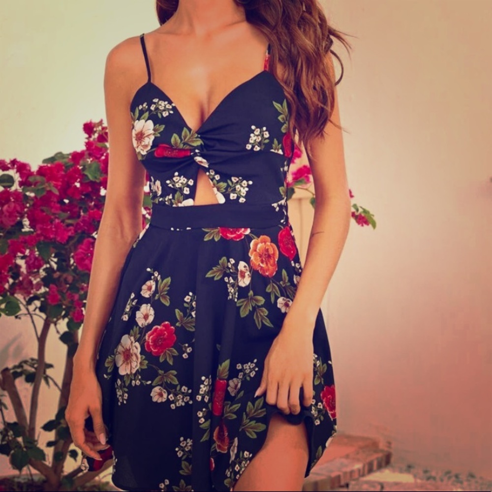 Floral Spaghetti Strap Black Dress